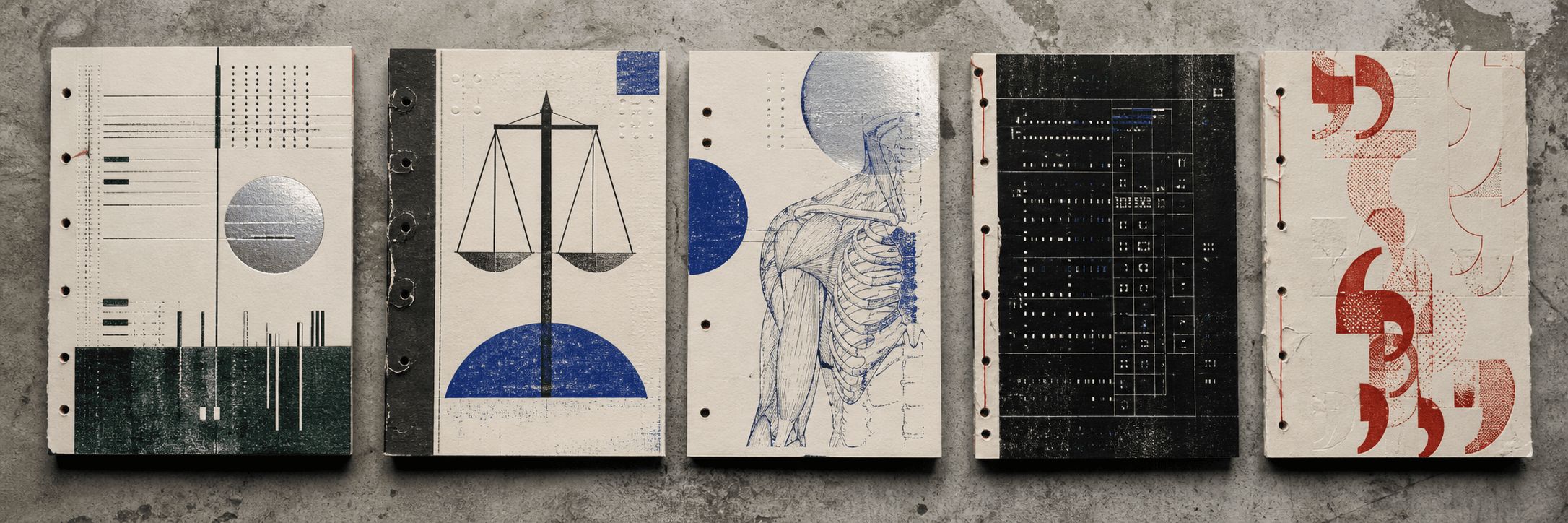 A printed field index representing finance, law, medicine, code, and language expertise