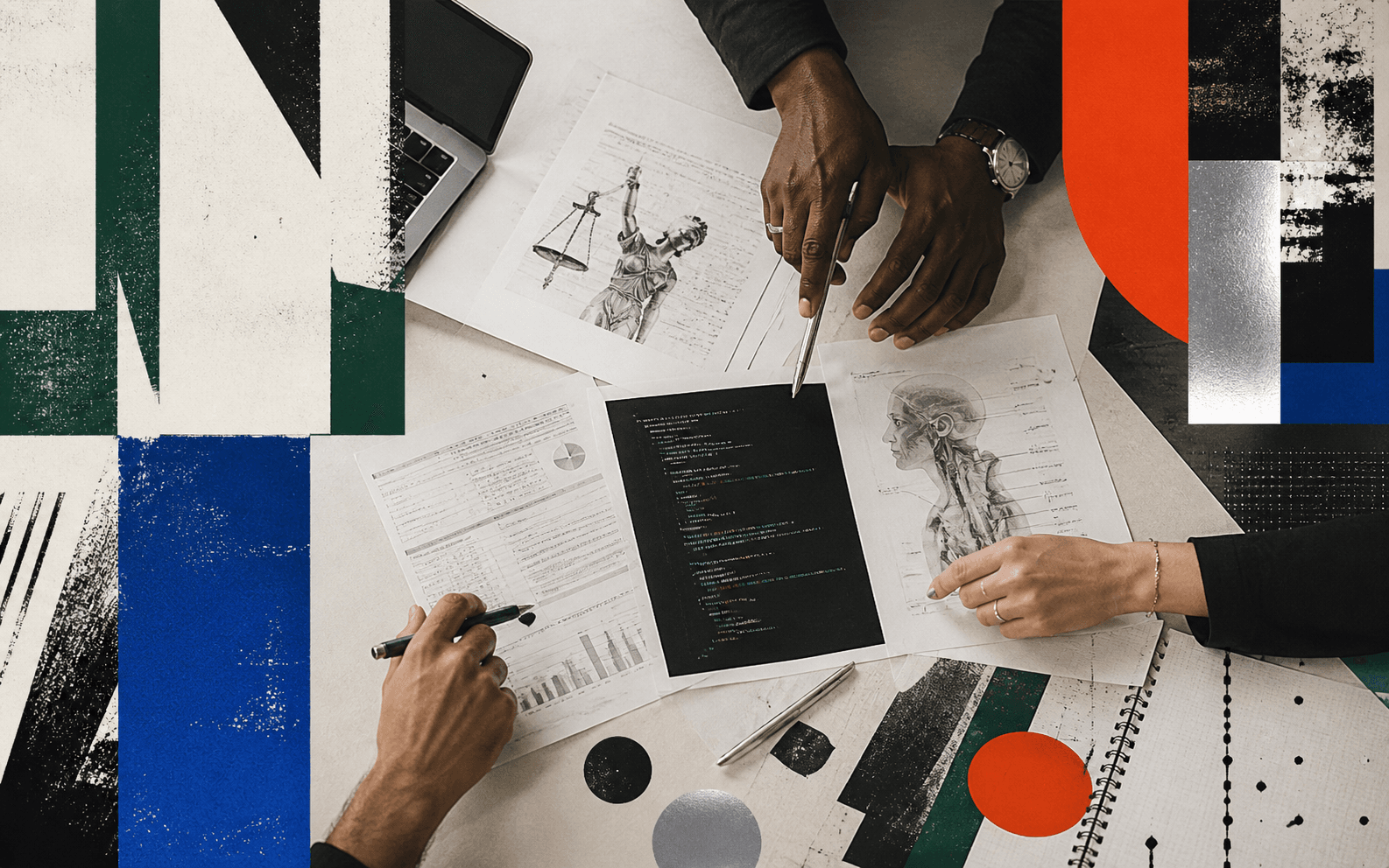 Human experts reviewing legal, medical, financial, and technical evidence together