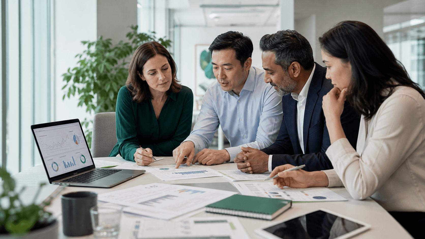 Finance professionals evaluating AI-assisted analysis together